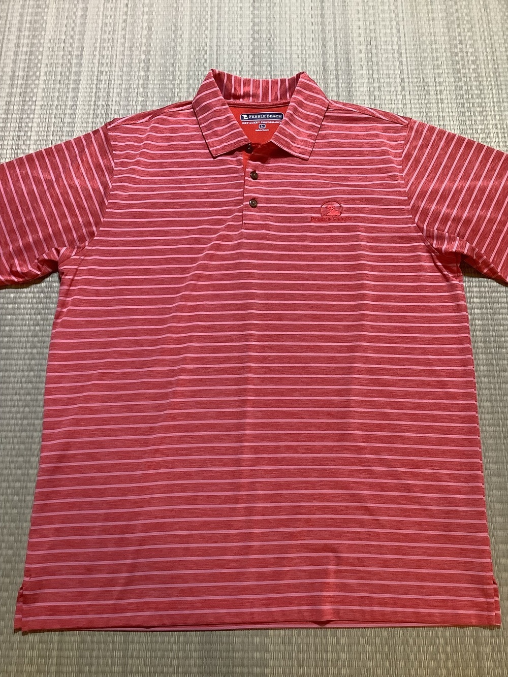 Pebble Beach polo shirt red and pink striped pattern with logo Men’s Large
